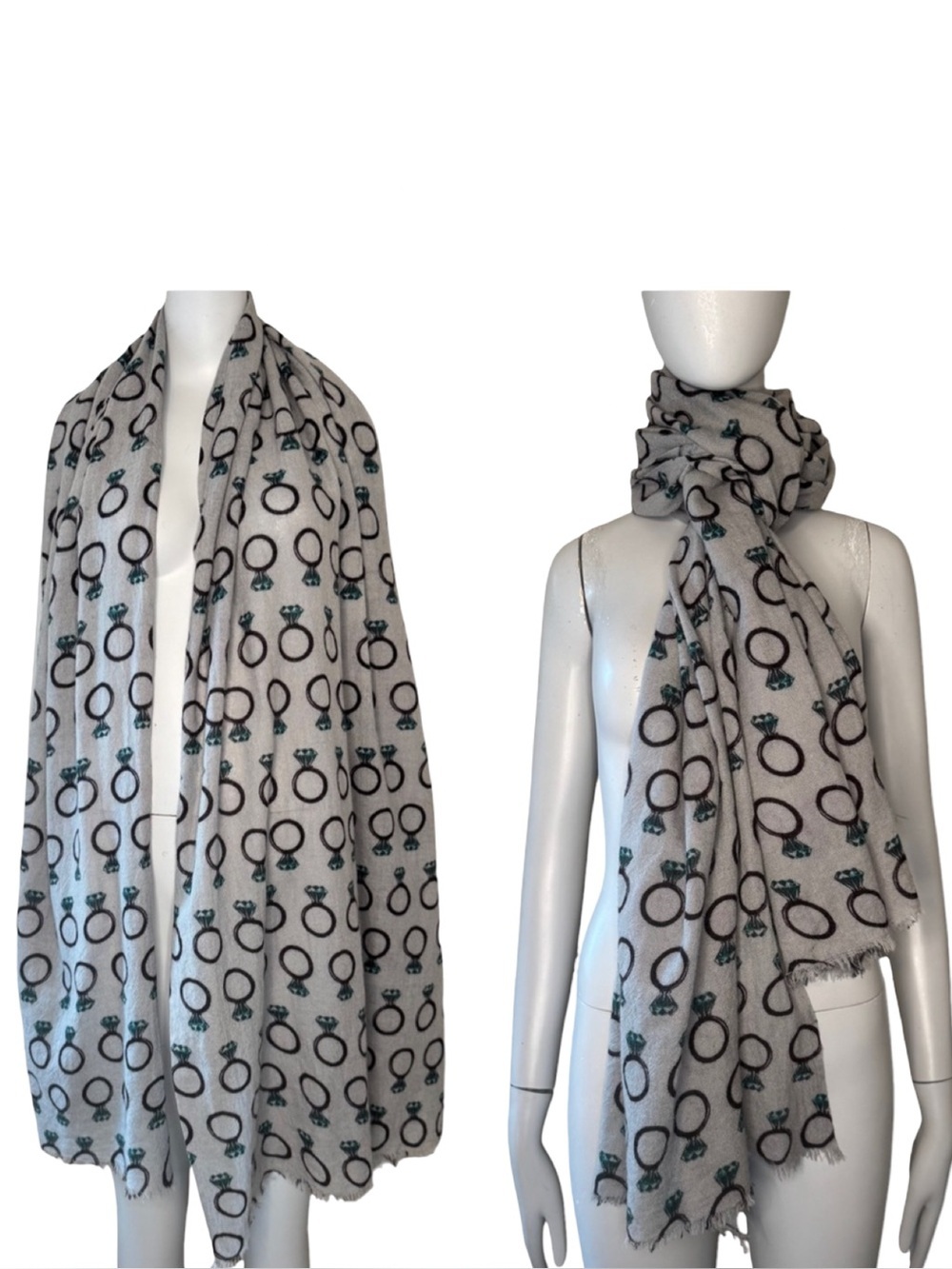 YARNZ Diamond Ring Pattern Cashmere Wool Oversized Scarf Wrap Grey Teal Brown